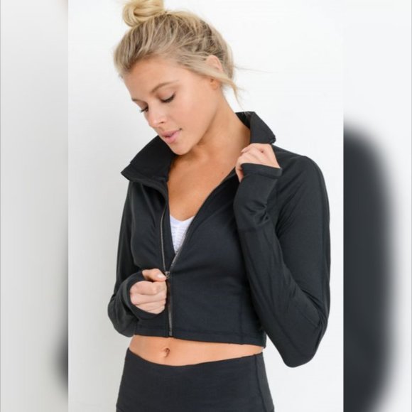 Mono B Tops - Zip-Up Crop Active Jacket with Thumbholes